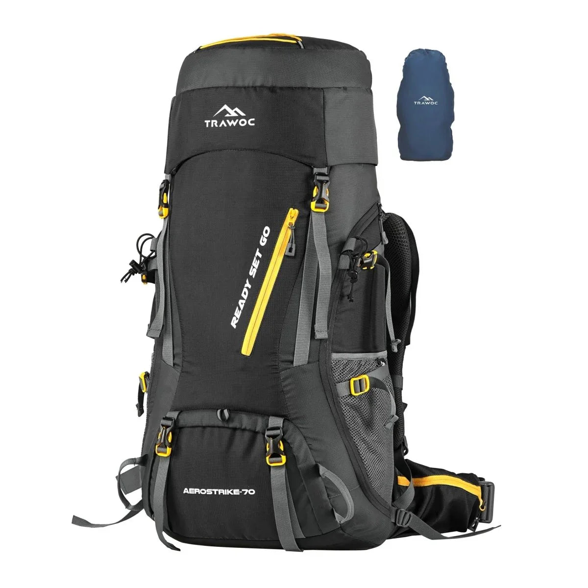Aerostrike 70L Trekking Bag with Laptop Compartment & Rain Cover, ideal for Hiking - Black - TRAWOC