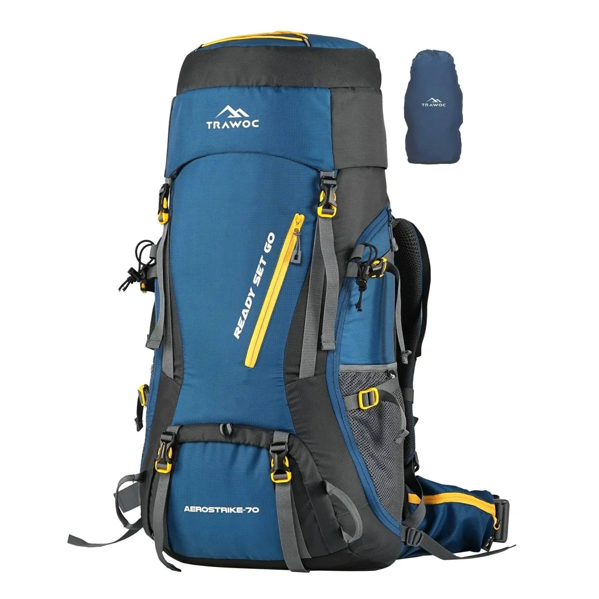 Aerostrike 70L Trekking Bag with Laptop Compartment & Rain Cover, ideal for Hiking - Englishblue - TRAWOC