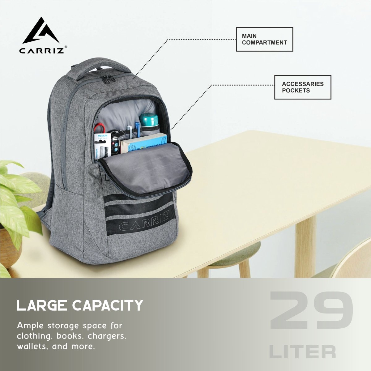 Carriz CPB07 29L Laptop Backpack - Ash Grey - TRAWOC