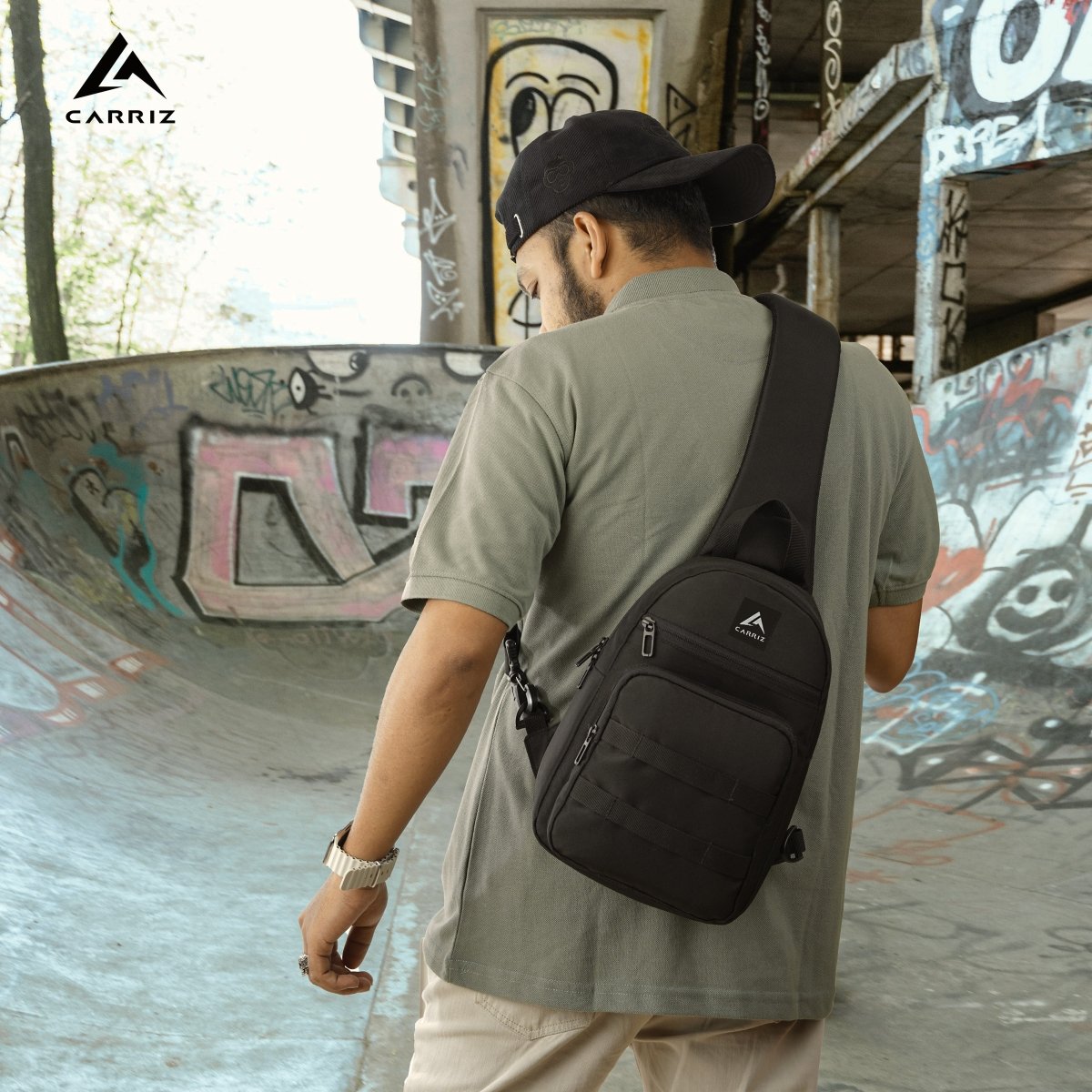 CARRIZ Sling Bag for Men & Women | Outdoor Crossbody & Shoulder Bag for Hiking, Cycling & Travel | Water Resistant | 2 - Year Warranty (CRB03) - BLACK - TRAWOC