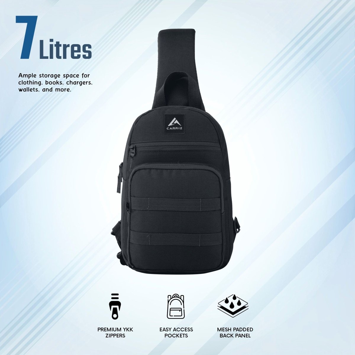 CARRIZ Sling Bag for Men & Women | Outdoor Crossbody & Shoulder Bag for Hiking, Cycling & Travel | Water Resistant | 2 - Year Warranty (CRB03) - BLACK - TRAWOC