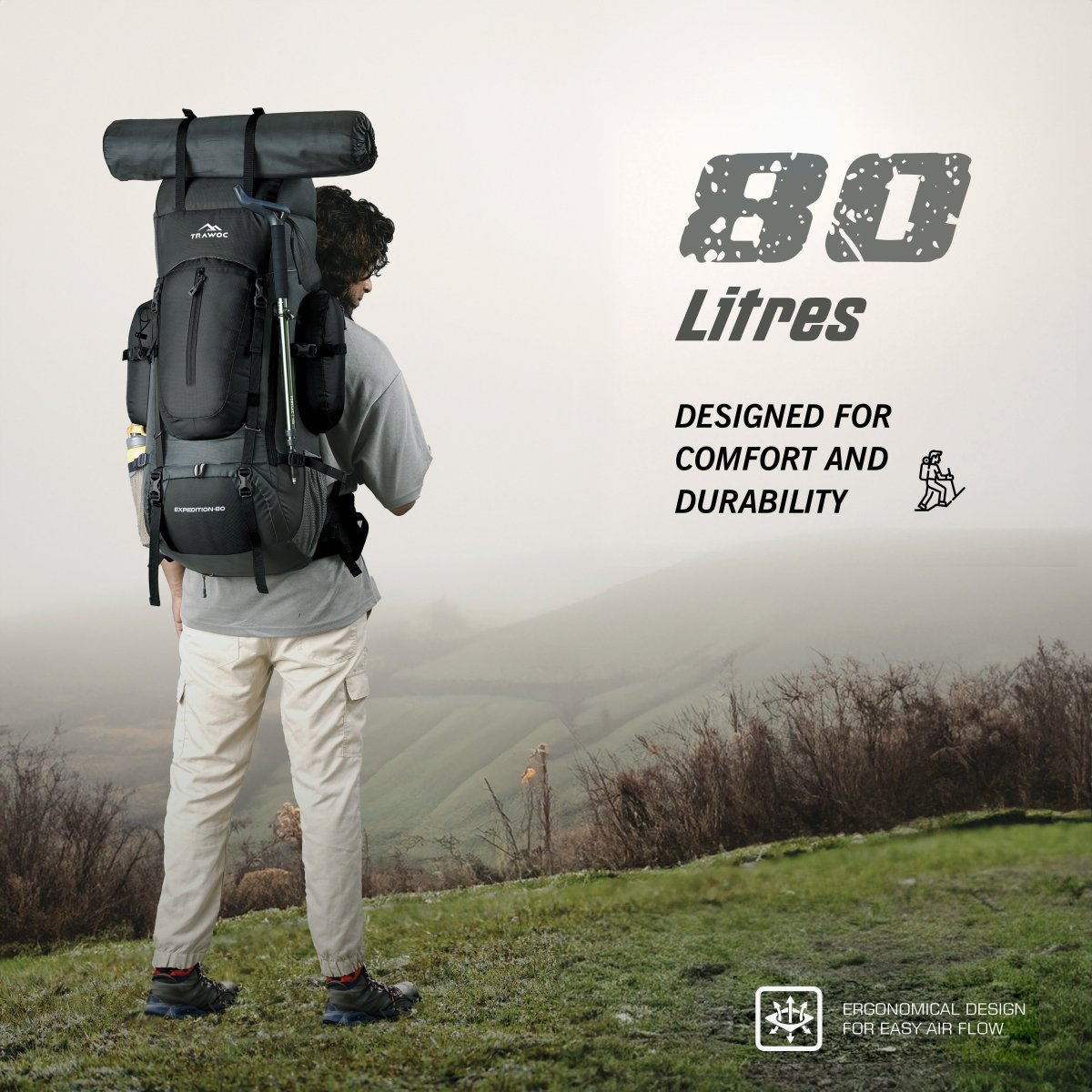 EXPEDITION 80L Rucksack with shoe compartment & Rain Cover - Black (Clearance Sale) - TRAWOC