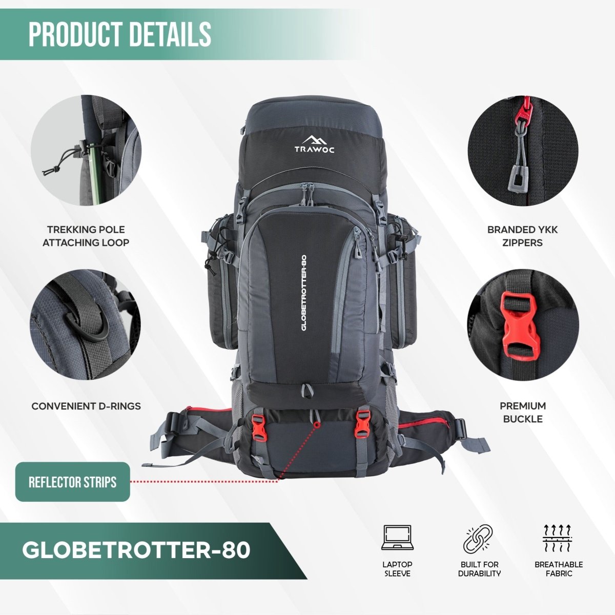 Globetrotter 80 L Trekking Bag with Rain Cover, Shoe section & internal metal frame - Grey (Clearance Sale) - TRAWOC