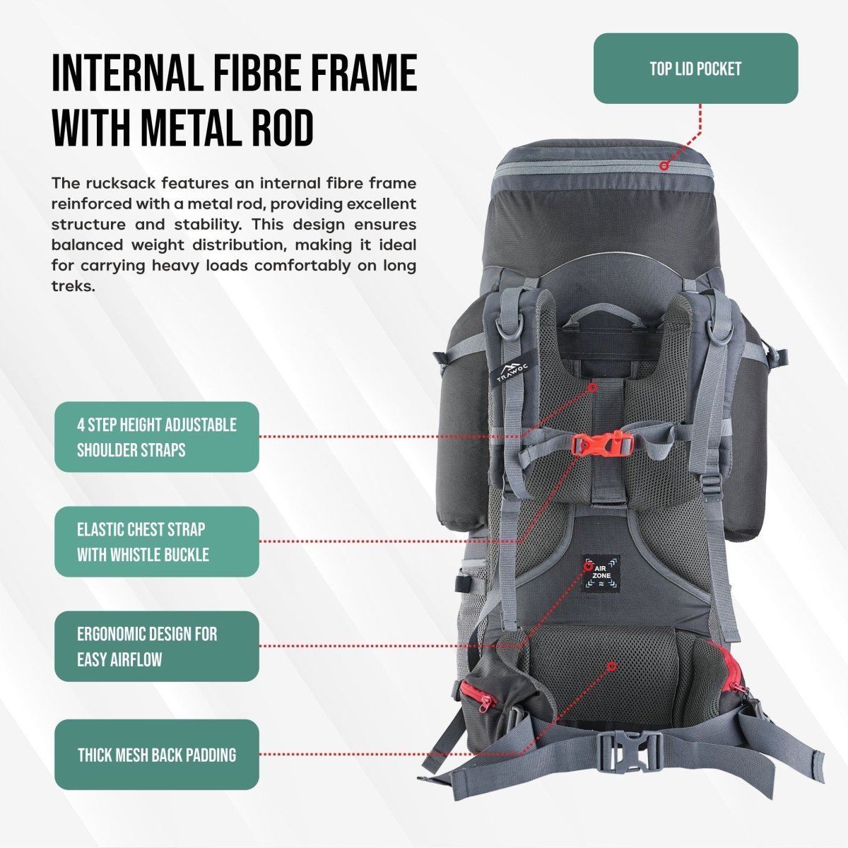 Globetrotter 80 L Trekking Bag with Rain Cover, Shoe section & internal metal frame - Grey (Clearance Sale) - TRAWOC