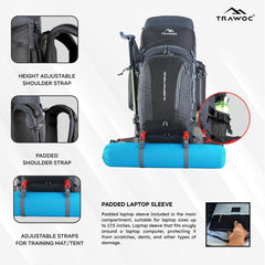 Globetrotter 80 L Trekking Bag with Rain Cover, Shoe section & internal metal frame - Grey (Clearance Sale) - TRAWOC