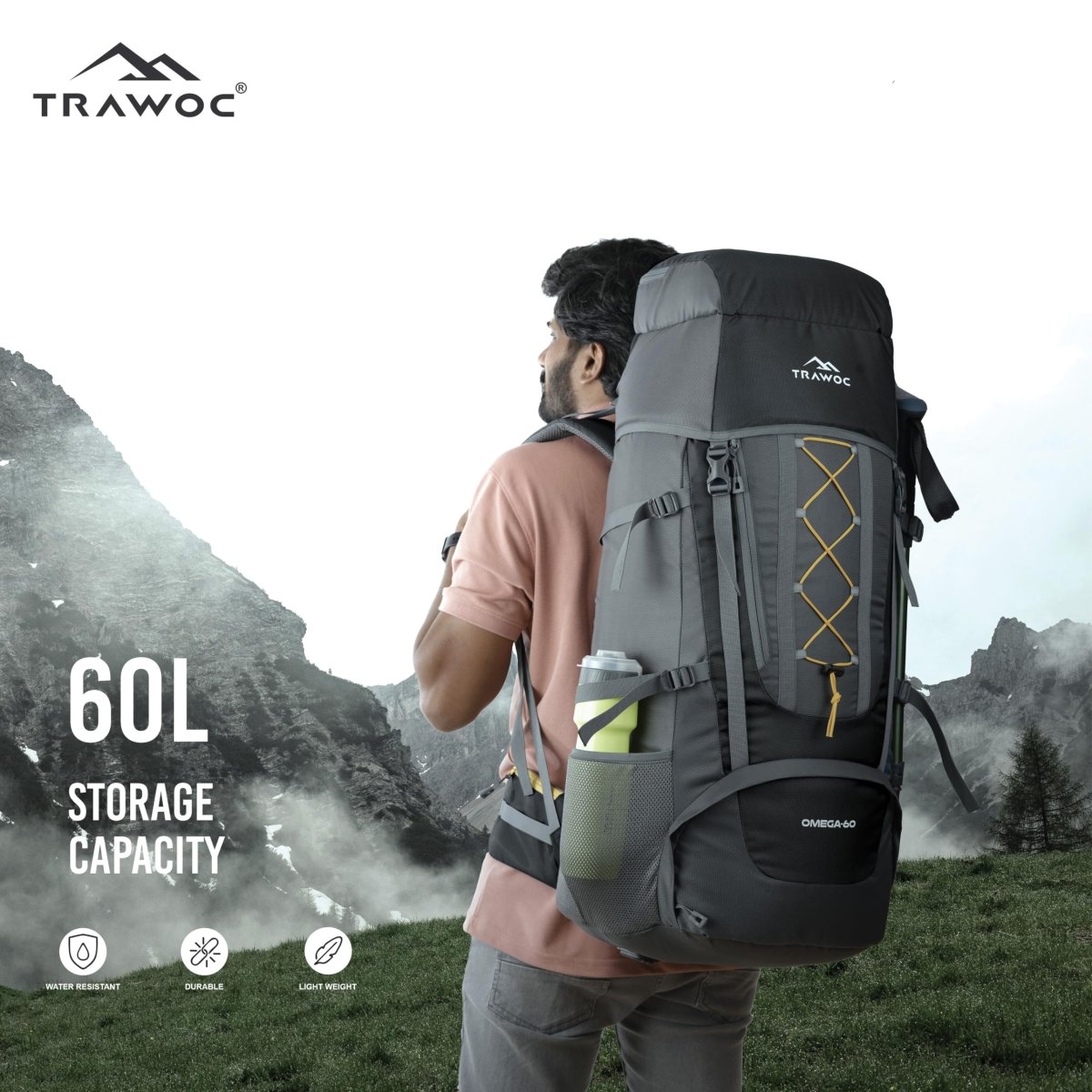 Omega 60 L Backpack with Lightweight Build & with Ergonomic Shoulder Straps - Black(clearance sale) - TRAWOC