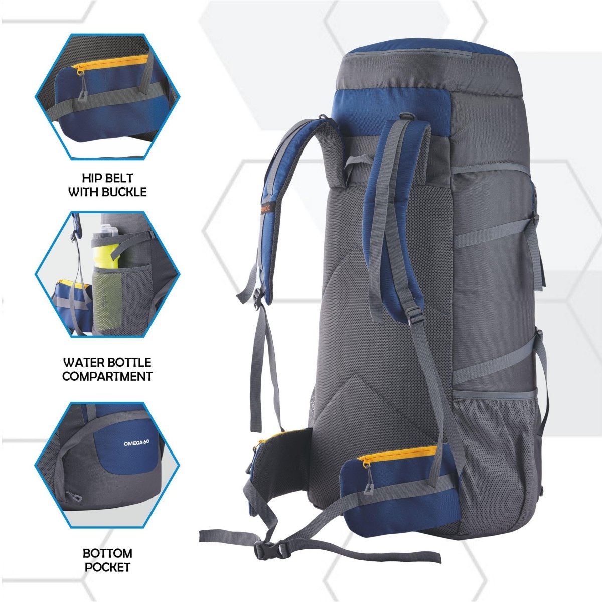 Omega 60 L Backpack with Lightweight Build & with Ergonomic Shoulder Straps - Navyblue(clearance sale) - TRAWOC