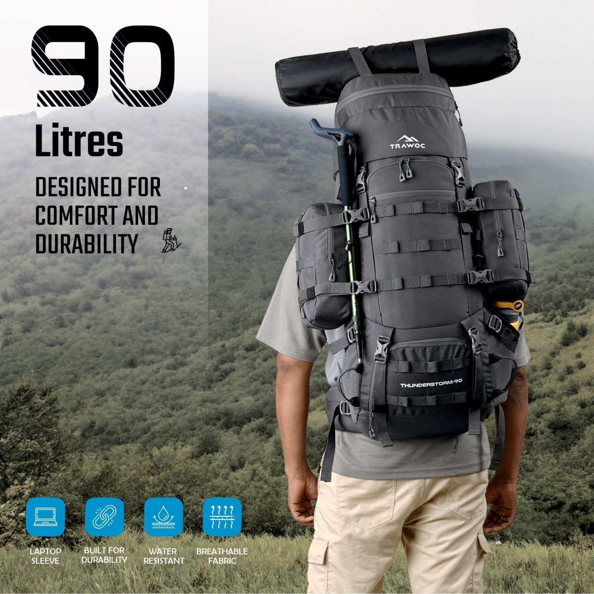 Thunderstorm 90L Rucksack for Men & Women with Shoe Compartment & Water - Resistant Fabric - Olivegreen (Clearance Sale) - TRAWOC