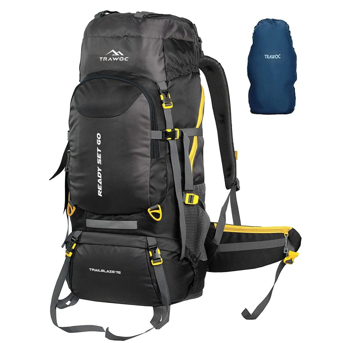 Trailblaze 75 L Trekking Bag with Rain Cover & Durable Zippers - Black (Clearance Sale) - TRAWOC