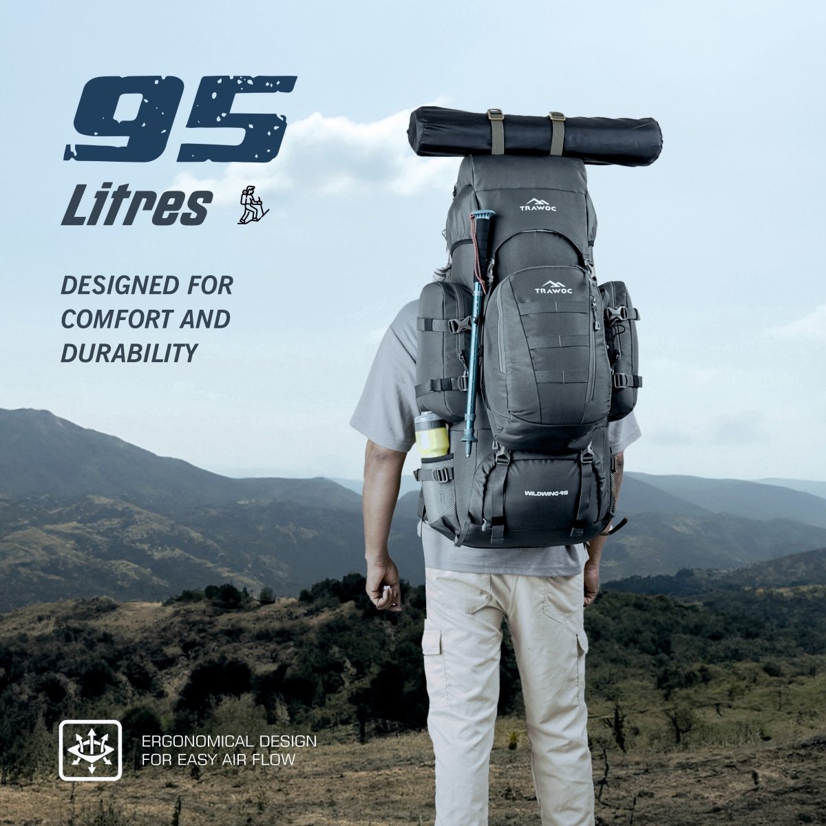 Wildwing 95L (80+15) Bag for Hiking & Travel with Shoe Compartment & Water - Resistant - grey (Clearance Sale) - TRAWOC