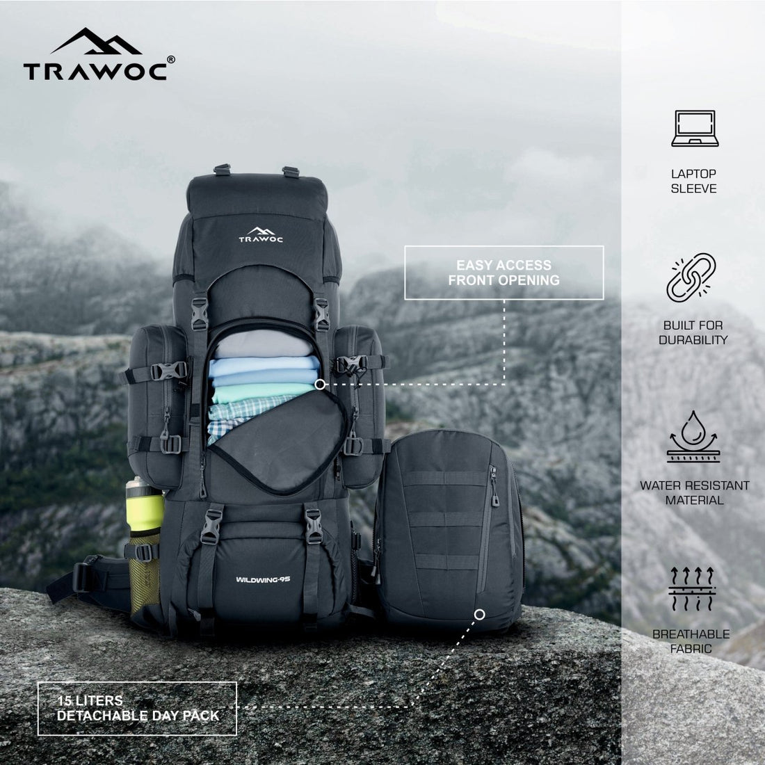 Wildwing 95L (80+15) Bag for Hiking & Travel with Shoe Compartment & Water - Resistant - grey (Clearance Sale) - TRAWOC