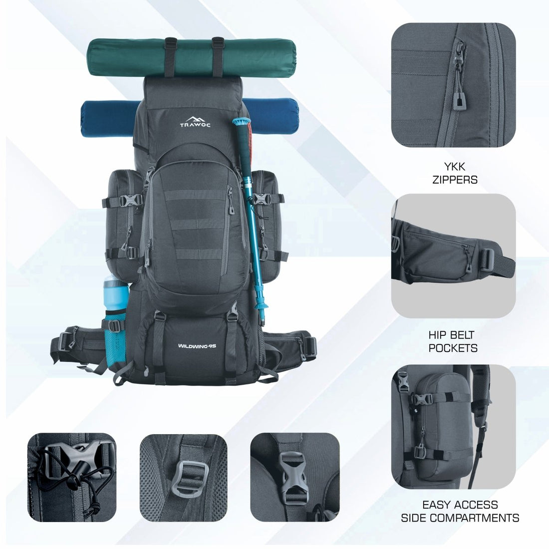 Wildwing 95L (80+15) Bag for Hiking & Travel with Shoe Compartment & Water - Resistant - grey (Clearance Sale) - TRAWOC