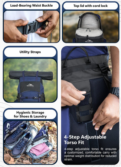 Trailmaster 80L Backpack for Hiking & Travel with Laptop Compartment & Multi-Pocket Design - NavyBlue