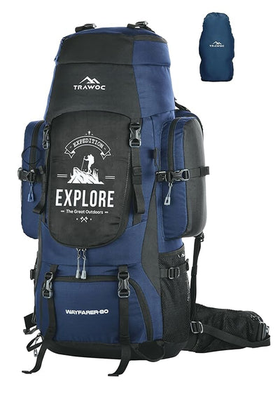 Wayfarer 80L Travel Backpack with Water-Resistant Fabric & L – TRAWOC