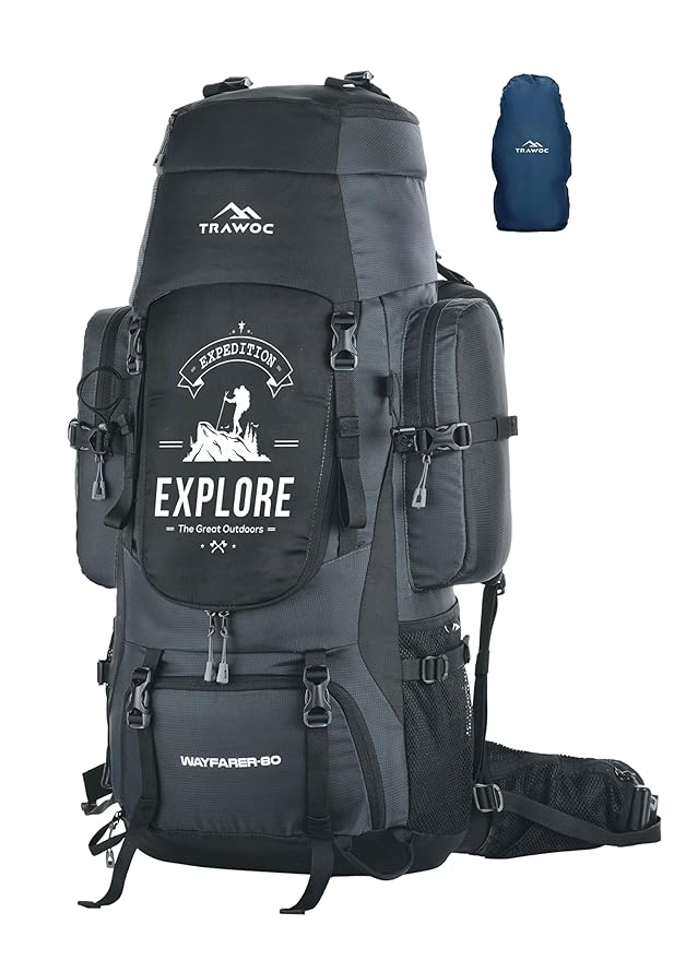 Wayfarer 80L Travel Backpack with Water-Resistant Fabric & Laptop Compartment – Grey