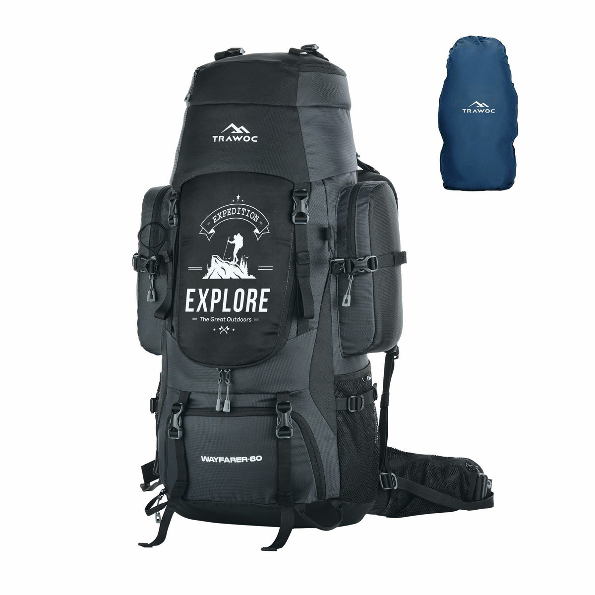 Wayfarer 80L Travel Backpack with Water-Resistant Fabric & Laptop Compartment – Grey