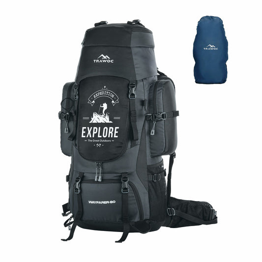 Wayfarer 80L Travel Backpack with Water-Resistant Fabric & Laptop Compartment – Grey