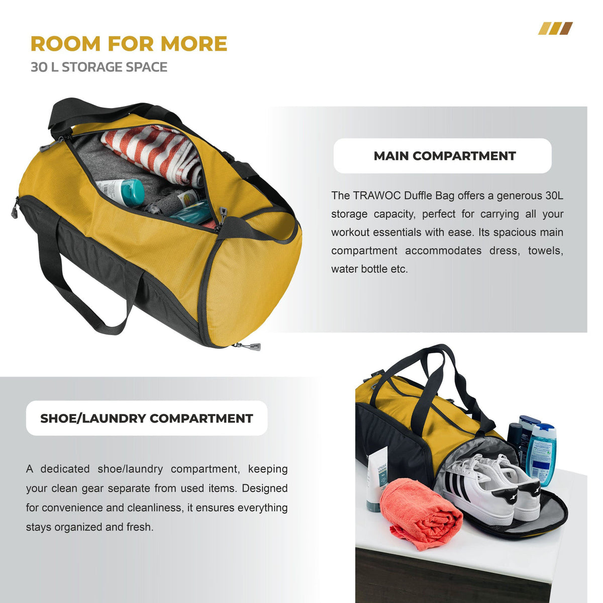 TMPB02 - 30L Gym, Sports & Travel Duffle , Unisex Duffel Bag with Shoe Compartment - Yellow