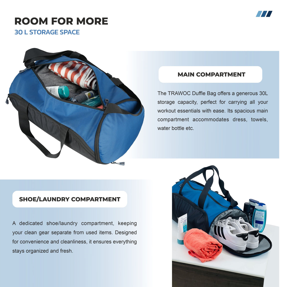 TMPB02 - 30L Gym, Sports & Travel Duffle , Unisex Duffel Bag with Shoe Compartment - English Blue