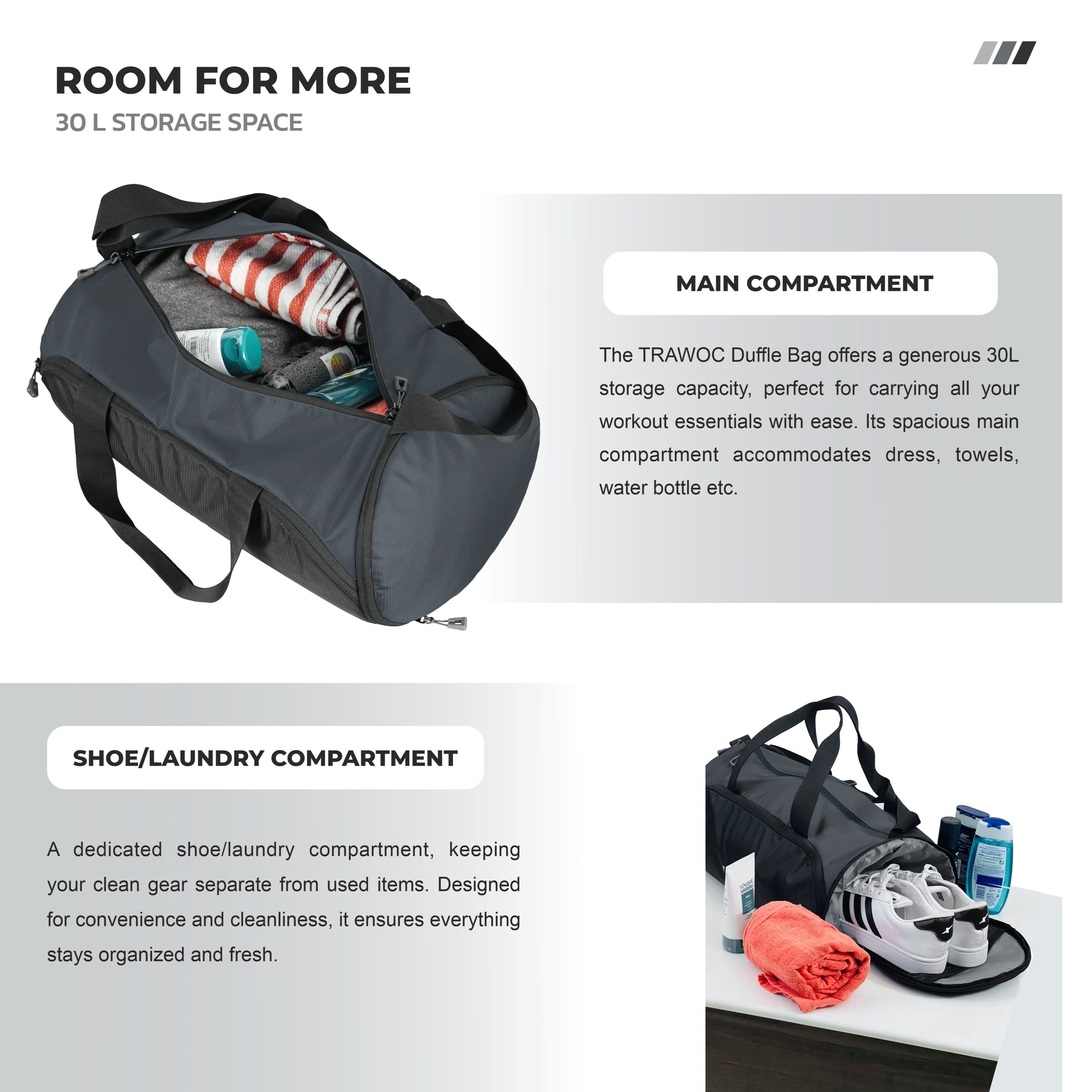 TMPB02 - 30L Gym, Sports & Travel Duffle , Unisex Duffel Bag with Shoe Compartment - Grey