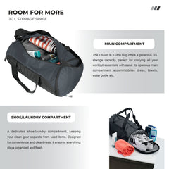 TMPB02 - 30L Gym, Sports & Travel Duffle , Unisex Duffel Bag with Shoe Compartment - Grey