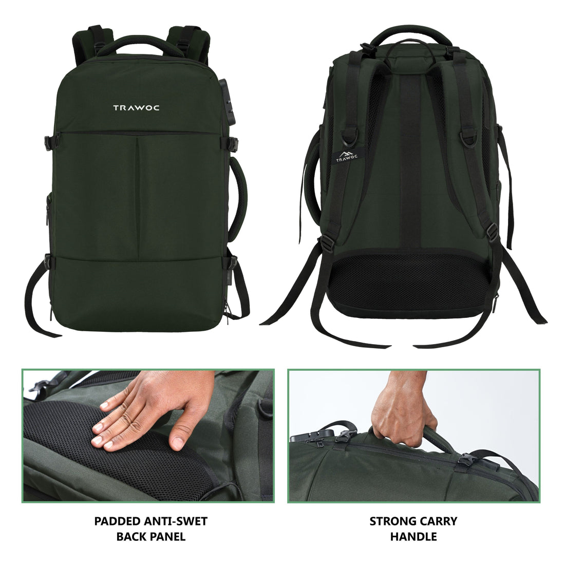 TPB01- 45L Laptop Bag  with Anti-Theft Lock, Expandable Storage, USB Charging, Suitcase-Style Opening - Huntre green