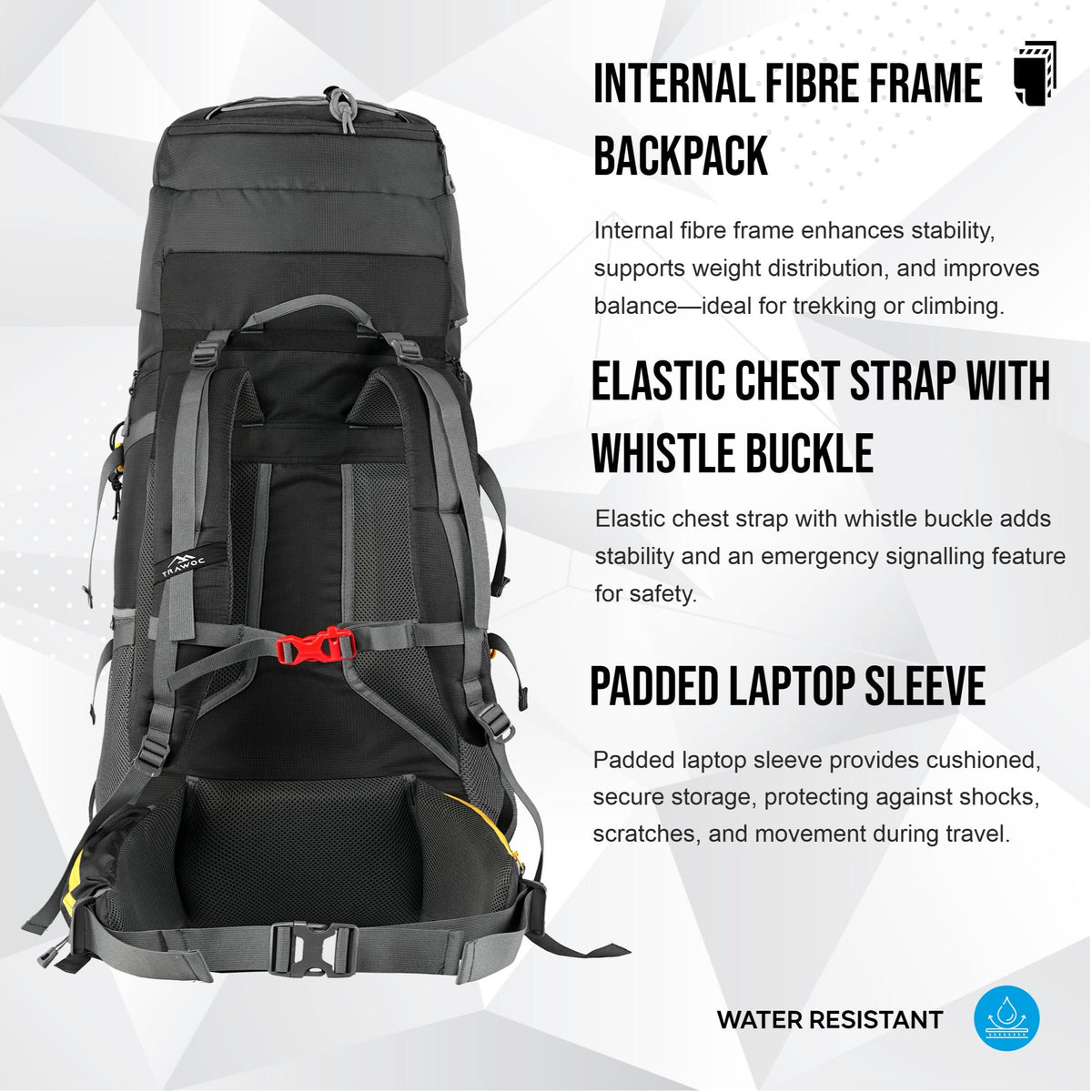 Aerostrike 70L Trekking Bag with Laptop Compartment & Rain Cover, ideal for Hiking - Black