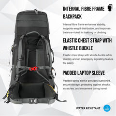 Aerostrike 70L Trekking Bag with Laptop Compartment & Rain Cover, ideal for Hiking - Black