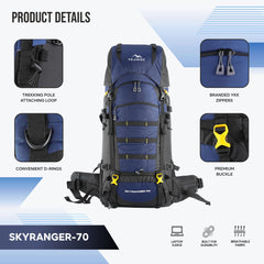 Skyranger 70 L Rucksack for Hiking & Travel with Ergonomic Shoulder Straps & Internal metal frame - NavyBlue