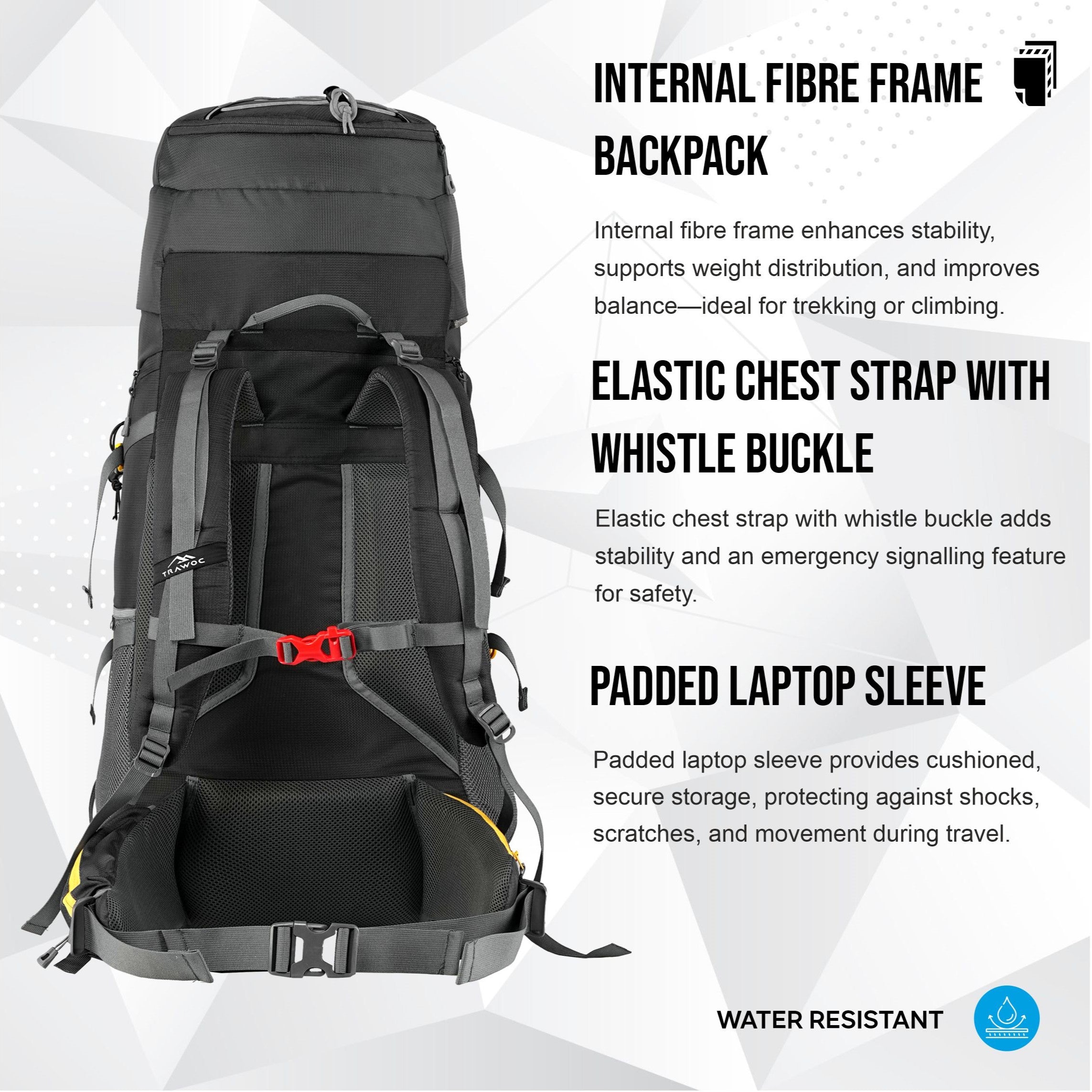 Aerostrike 70L Trekking Bag with Laptop Compartment & Rain Cover, ideal for Hiking - Black