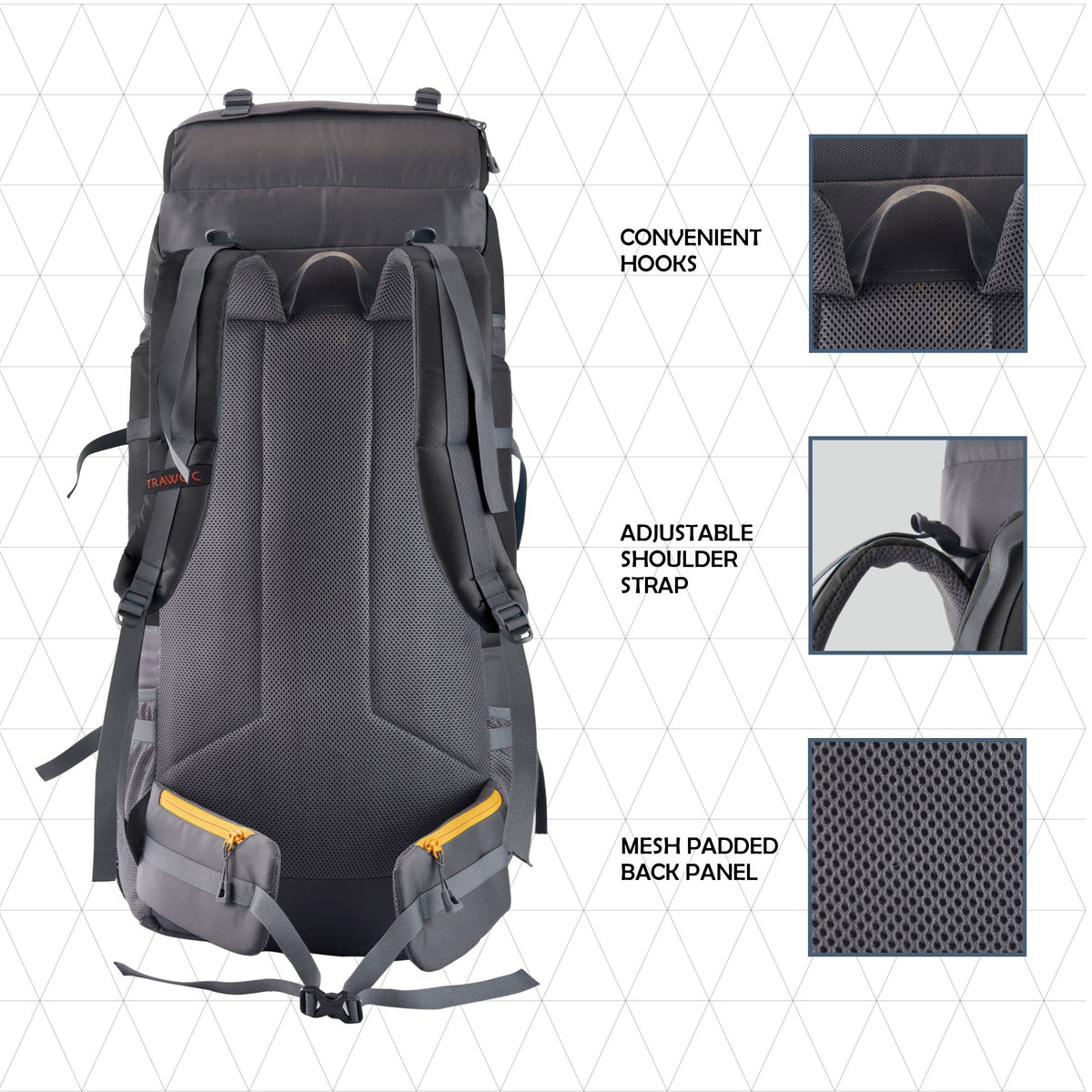 Stonex 60 L Backpack with Ergonomic Shoulder Straps & Lightweight Build, for men & women - Black