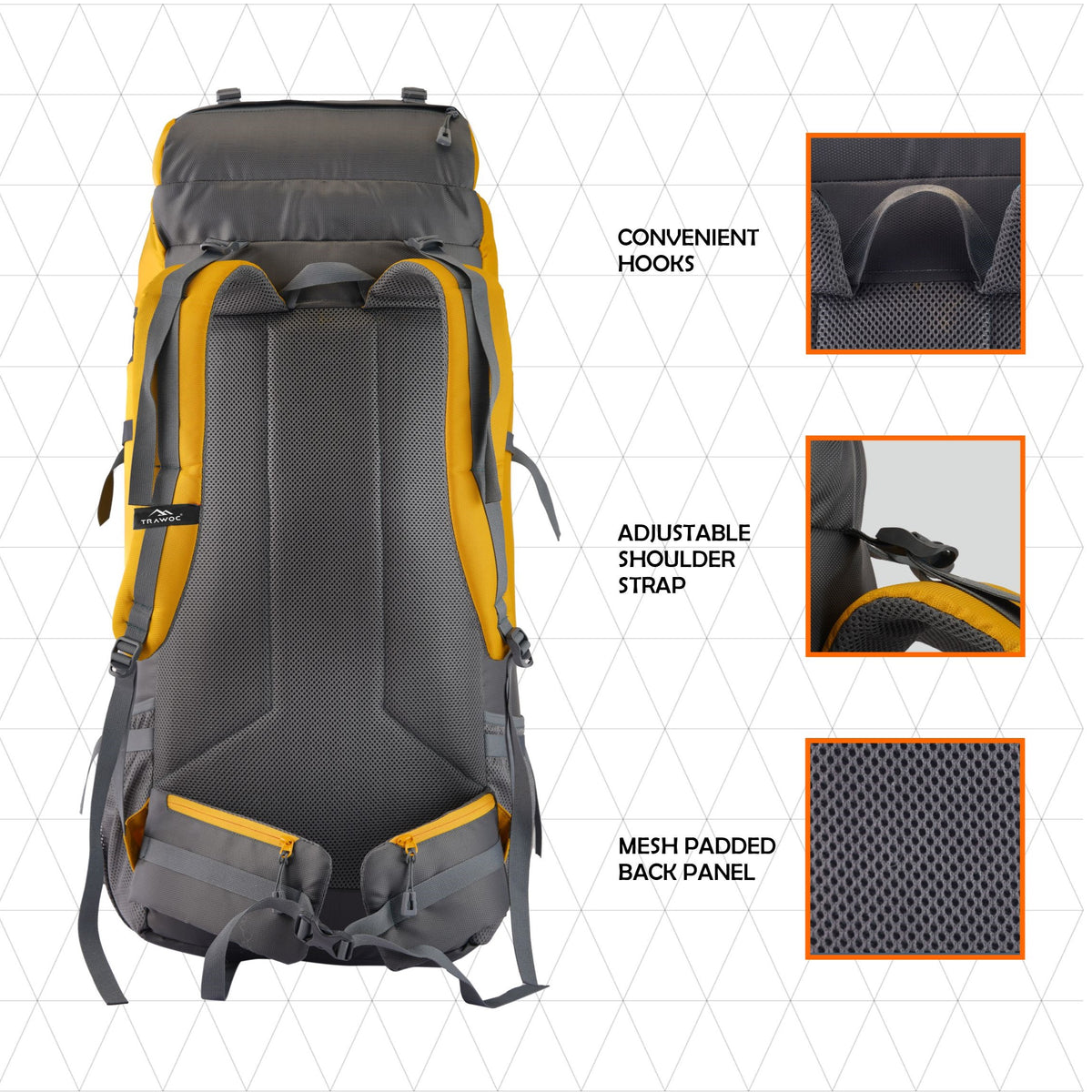 Stonex 60 L Backpack with Ergonomic Shoulder Straps & Lightweight Build, for men & women - Yellow