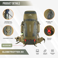 Globetrotter 80 L Trekking Bag with Rain Cover, Shoe section & internal metal frame - Olivegreen