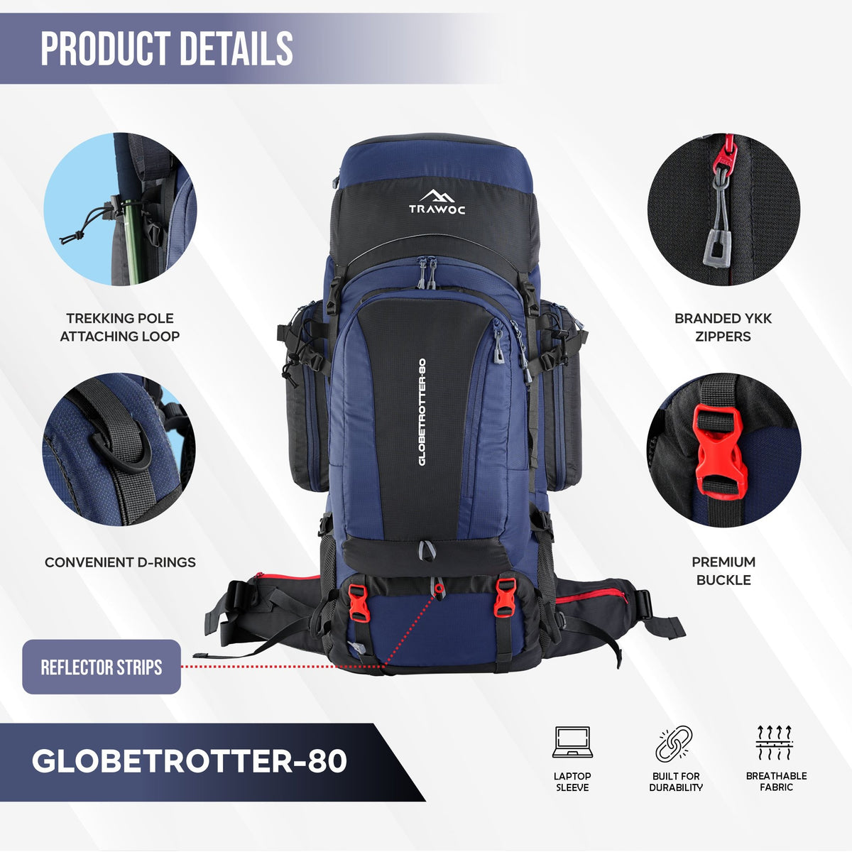 Globetrotter 80 L Trekking Bag with Rain Cover, Shoe section & internal metal frame - Navy Blue