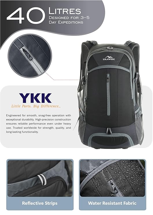 FALCON 40 l Travel Laptop Backpack for Men and Women with Rain Cover - Black