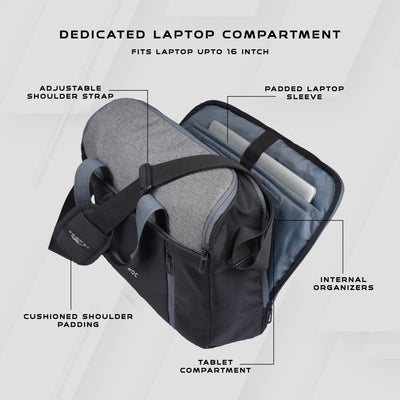 TMPB03 - Messenger Shoulder Bag with 16-inch Laptop Compartment |Durable Office and College Bag- Black