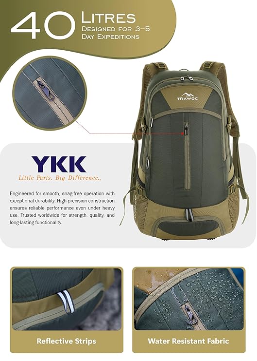FALCON 40 l Travel Laptop Backpack for Men and Women with Rain Cover - Olive Green