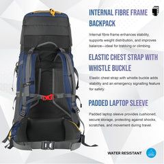 Aerostrike 70L Trekking Bag with Laptop Compartment & Rain Cover, ideal for Hiking - Navyblue