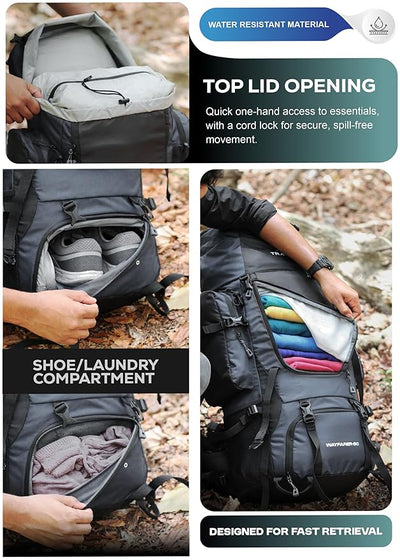 Wayfarer 80L Travel Backpack with Water-Resistant Fabric & Laptop Compartment – Grey