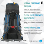Aerostrike 70L Trekking Bag with Laptop Compartment & Rain Cover, ideal for Hiking - English Blue