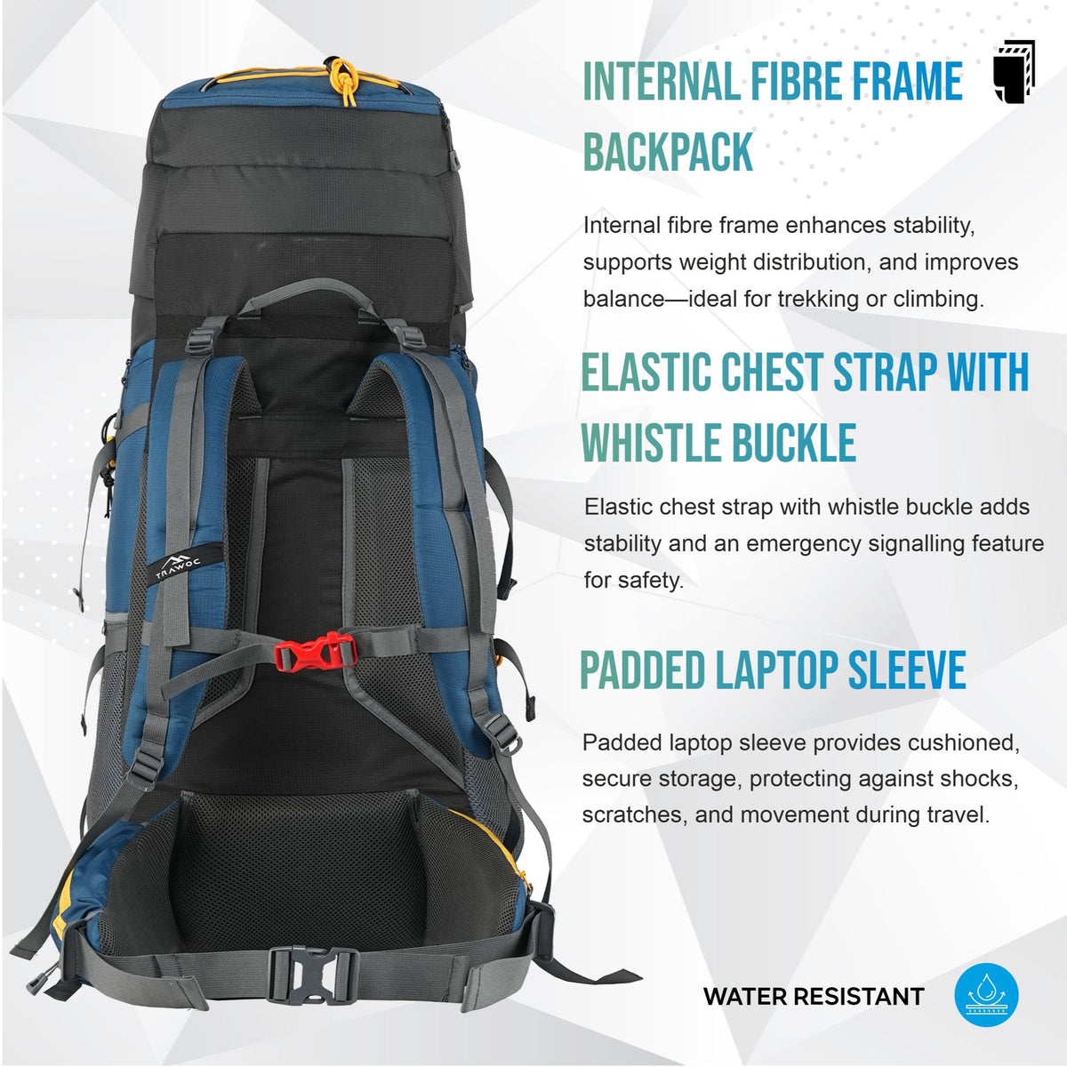 Aerostrike 70L Trekking Bag with Laptop Compartment & Rain Cover, ideal for Hiking - English Blue