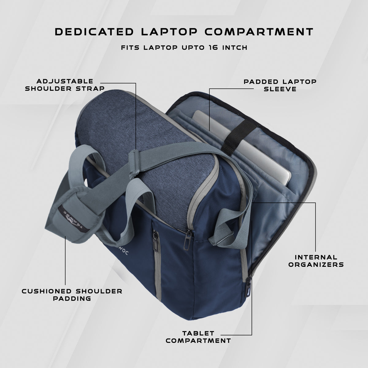 TMPB03 - Messenger Shoulder Bag with 16-inch Laptop Compartment |Durable Office and College Bag - Navy Blue