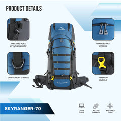 Skyranger 70 L Rucksack for Hiking & Travel with Ergonomic Shoulder Straps & Internal metal frame-English Blue