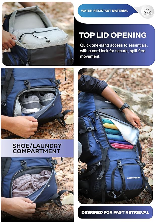 Wayfarer 80L Travel Backpack with Water-Resistant Fabric & Laptop Compartment - Navy Blue