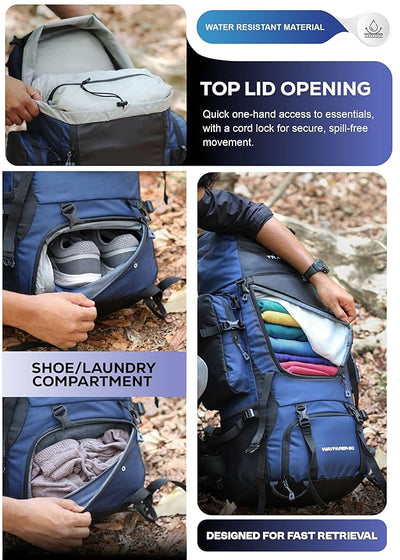 Wayfarer 80L Travel Backpack with Water-Resistant Fabric & Laptop Compartment - Navy Blue