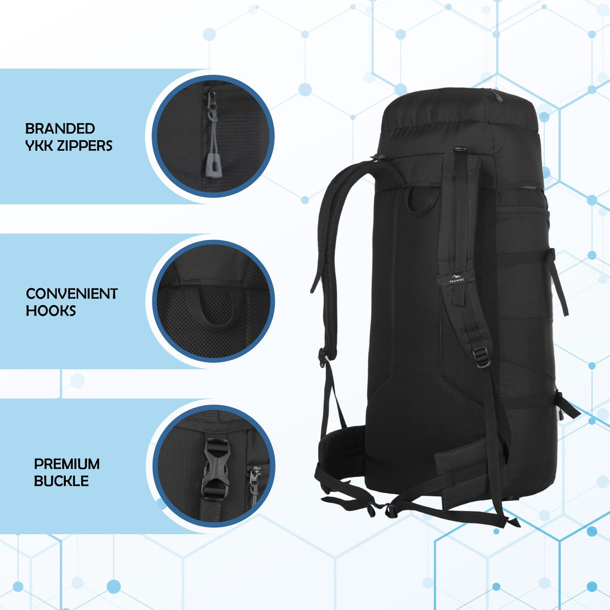 ALPINE 55L Travel Backpack Front & Top Loading Bag for Men & Women - Black