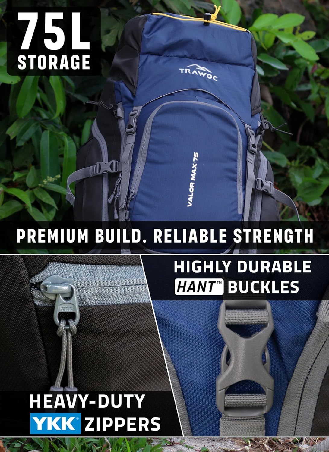 Valor Max 75 L Backpack with Ergonomic Shoulder Straps & Shoe Compartment - Navy Blue
