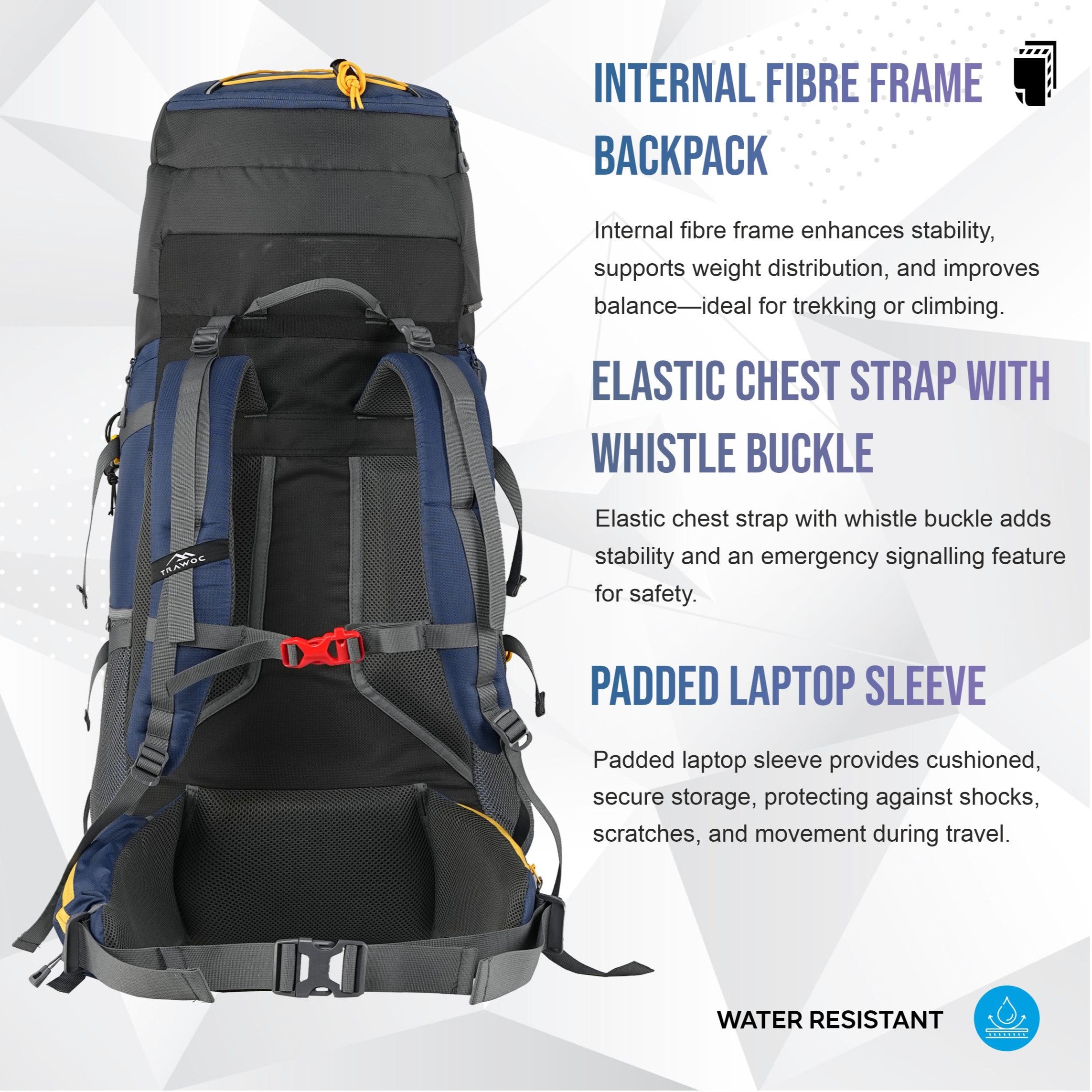 Aerostrike 70L Trekking Bag with Laptop Compartment & Rain Cover, ideal for Hiking - Navy Blue