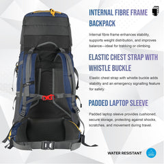 Aerostrike 70L Trekking Bag with Laptop Compartment & Rain Cover, ideal for Hiking - Navy Blue