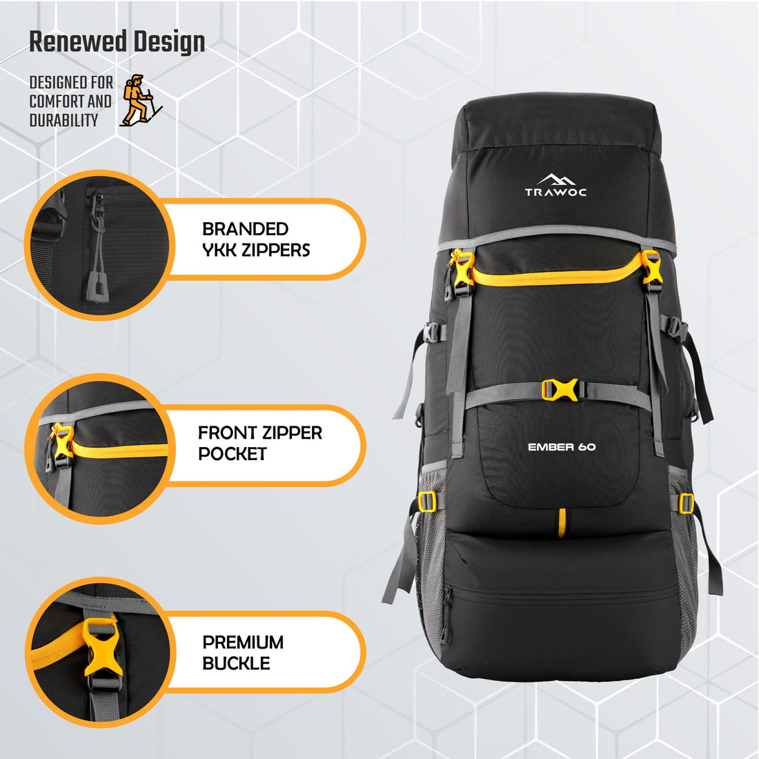 EMBER 60 L Travel Backpack Hiking Trekking Bag for Men & Women - Black
